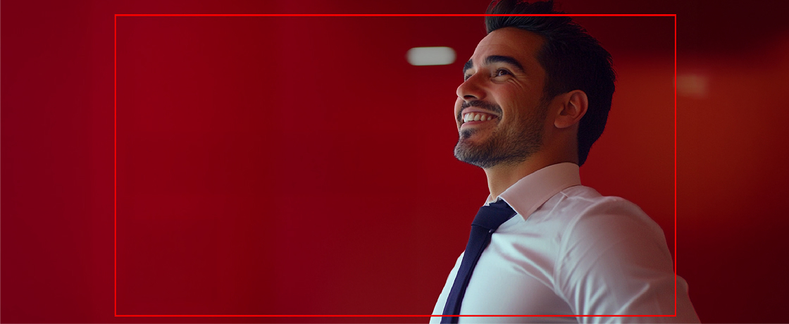 Ejecutivo sonriendo y mirando al horizonte con fondo rojo